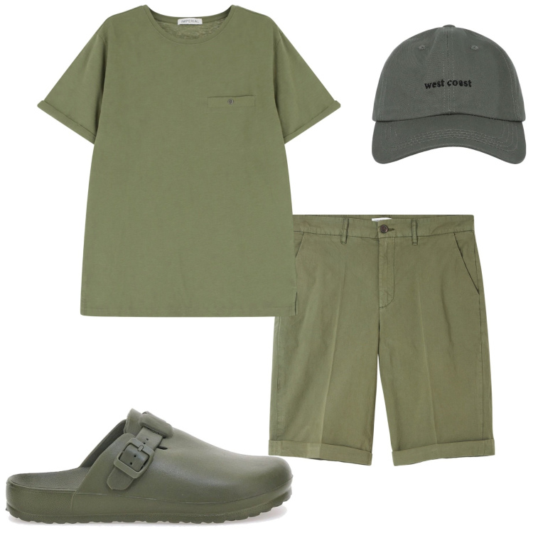 Outfit uomo - Modalità vacanze. Stile Casual per Mare. Abbinamento con bermuda, cappelli con visiera, t-shirt, sandali.