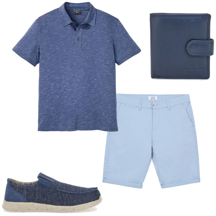 Outfit uomo - Basic style. Stile Urban per Tutti i giorni. Abbinamento con polo, bermuda, portafogli, scarpe stringate.