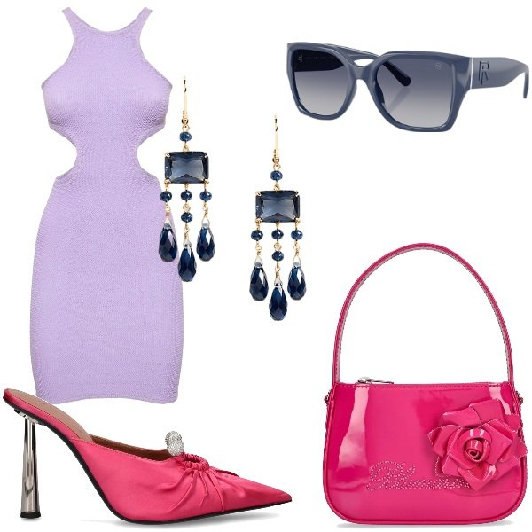 Outfit donna - abito cut-out. Stile Sexy per Serata fuori. Abbinamento con occhiali da sole, orecchini, borse a mano, vestiti, pantofole.