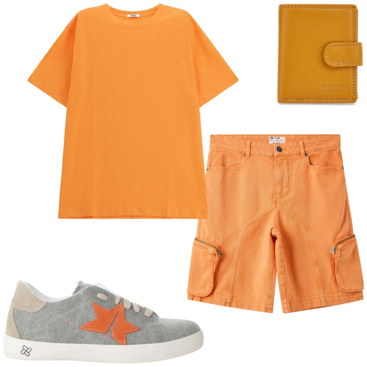 Outfit uomo - Colori vitaminici. Stile Casual per Tutti i giorni. Abbinamento con pantaloni corti, sneakers, t-shirt, portafogli.
