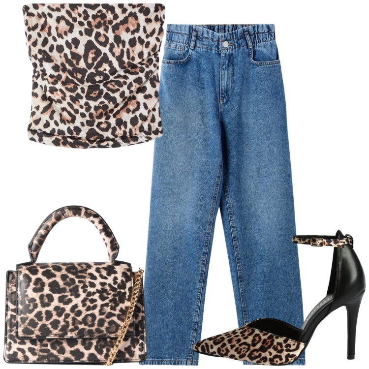 Outfit donna - Animalier. Stile Glamour per Tutti i giorni. Abbinamento con top, décolleté, borse a tracolla, jeans.