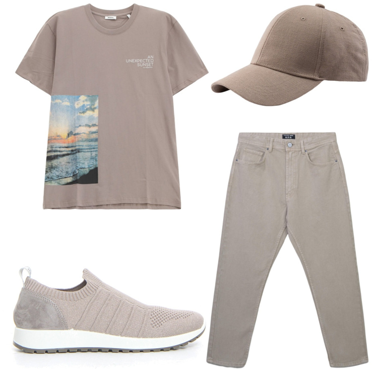 Outfit uomo - In città. Stile Casual per Tutti i giorni. Abbinamento con jeans, t-shirt, sneakers, cappelli con visiera.