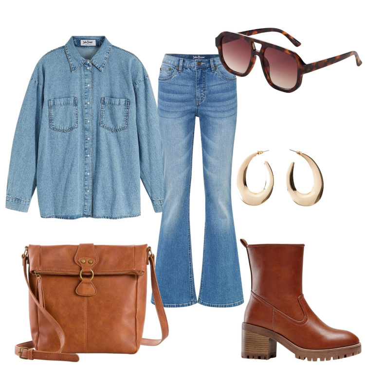 Outfit donna - 70ies again. Stile Casual per Tutti i giorni. Abbinamento con camicie, stivaletti, jeans a zampa, orecchini, occhiali da sole, borse a tracolla.