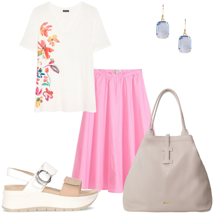 Outfit donna - Gonna lunga per la vita. Stile Urban per Tutti i giorni. Abbinamento con gonne longuette, borse tote, orecchini, t-shirt, sandali.