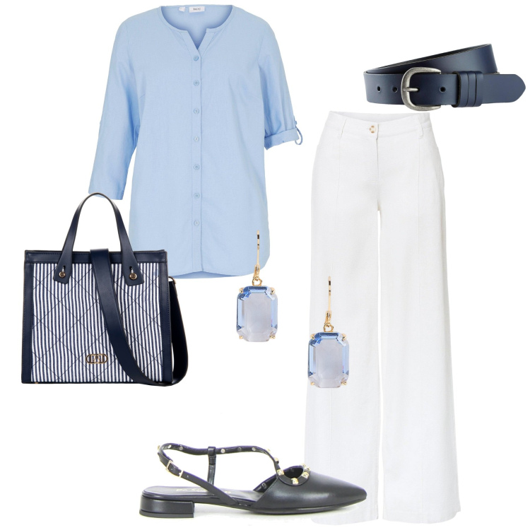 Outfit donna - Total look #2215791. Stile Casual chic per Tutti i giorni. Abbinamento con pantaloni a palazzo, cinture, camicie, shopping bag, orecchini, sandali in pelle.