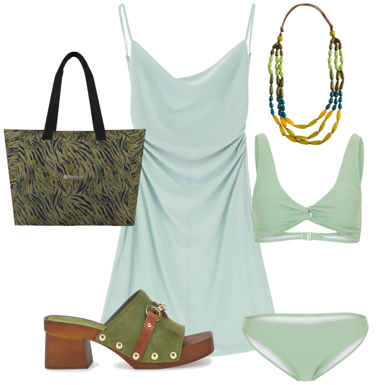 Outfit donna - Giornata al mare. Stile Trendy per Mare. Abbinamento con bikini, vestiti corti, shopping bag, zoccoli, collane.