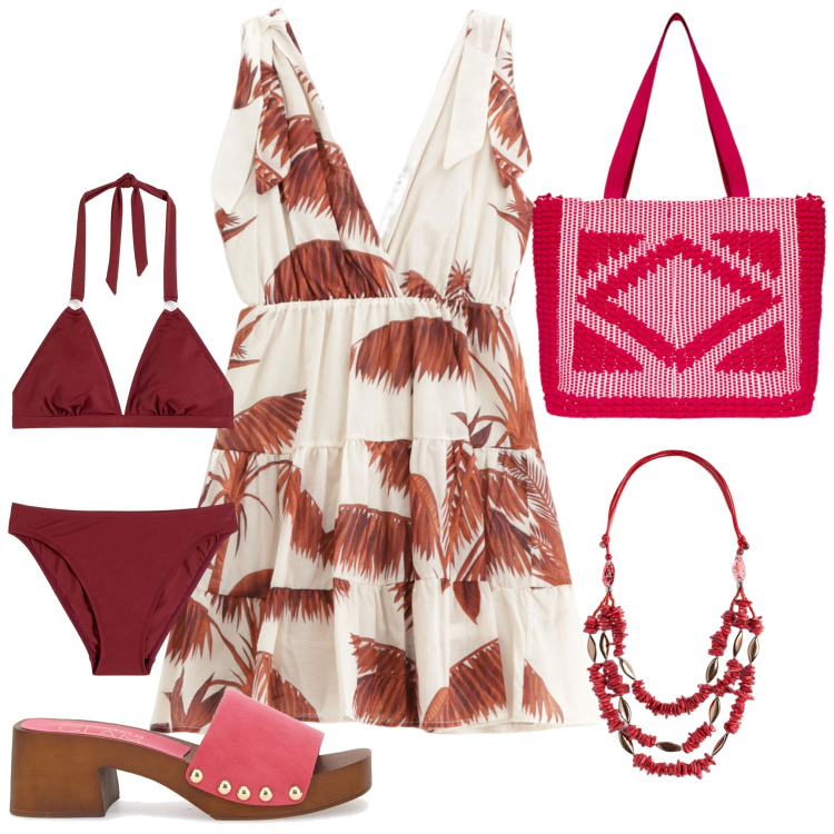 Outfit donna - Giornata al mare 2. Stile Trendy per Mare. Abbinamento con bikini, vestiti corti, zoccoli, borse a mano, collane.