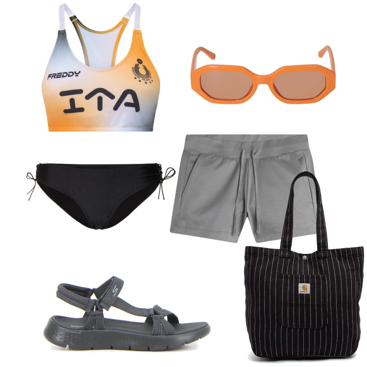 Outfit donna - Piscina. Stile Casual per Mare. Abbinamento con shorts, top, sandali, occhiali da sole, bikini, borse tote.