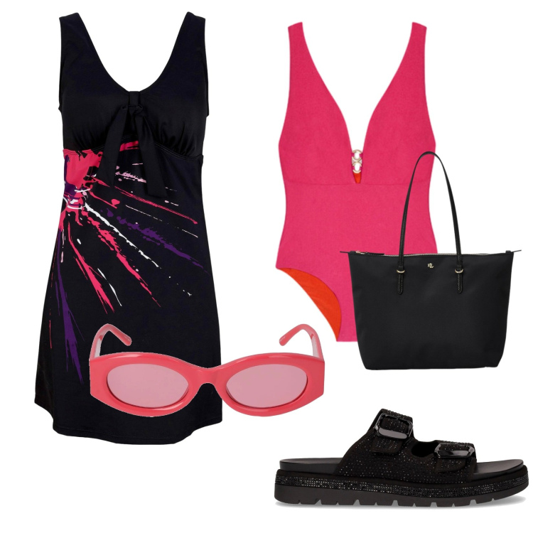 Outfit donna - Total look #2215803. Stile Trendy per Mare. Abbinamento con vestiti da spiaggia, borse tote, costumi interi, ciabatte, occhiali da sole.