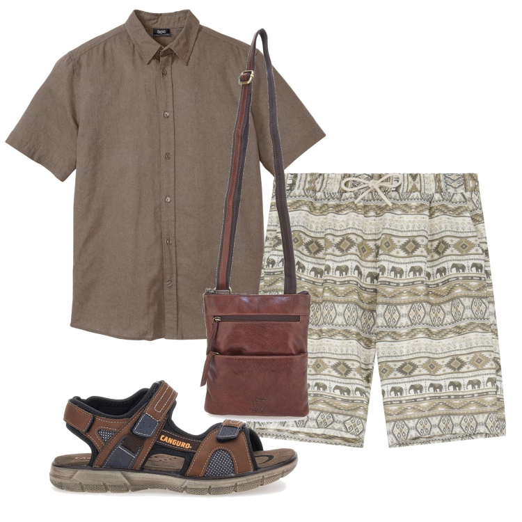 Outfit uomo - Giornata libera. Stile Casual per Tutti i giorni. Abbinamento con camicie a manica corta, bermuda, portafogli, sandali.
