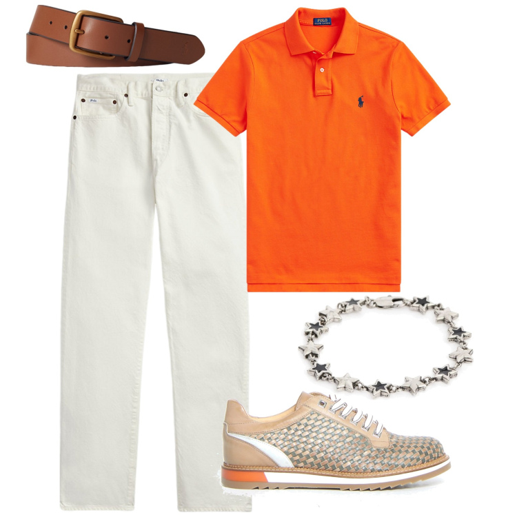 Outfit uomo - Cena all\'aperto. Stile Urban per Serata speciale. Abbinamento con polo, jeans dritti, cinture, scarpe stringate, braccialetti.