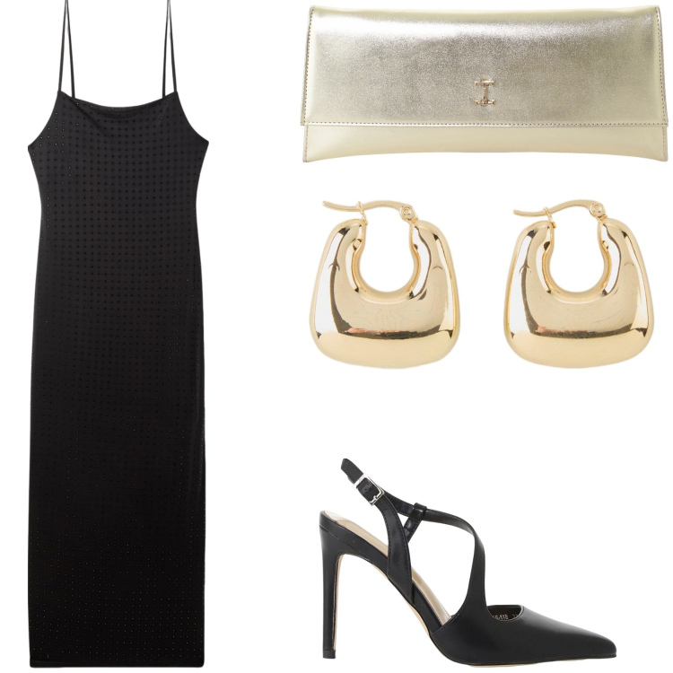 Outfit donna - Evento formale. Stile Glamour per Cerimonia. Abbinamento con orecchini, vestiti lunghi, décolleté, pochette.
