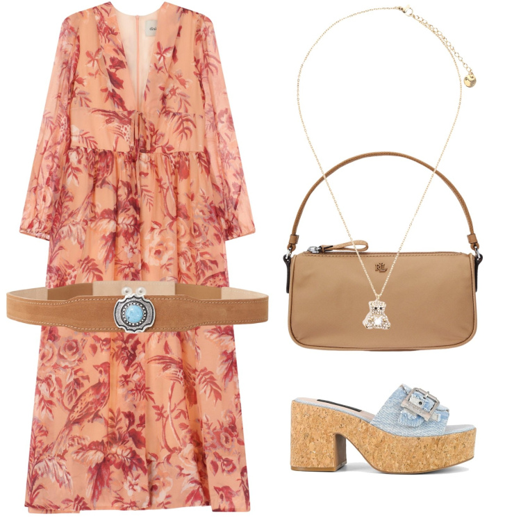 Outfit donna - Arancione floreale. Stile Trendy per Tutti i giorni. Abbinamento con ciondoli, vestiti lunghi, cinture, pochette, sandali.