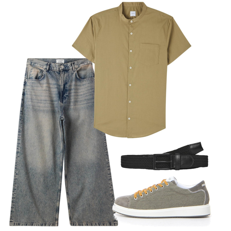 Outfit uomo - Trendy senape. Stile Casual per Tutti i giorni. Abbinamento con camicie a manica corta, jeans, cinture, sneakers.