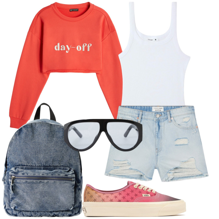 Outfit donna - Day off. Stile Casual per Tutti i giorni. Abbinamento con canottiere, shorts, zaini, occhiali da sole, felpe, sneakers.