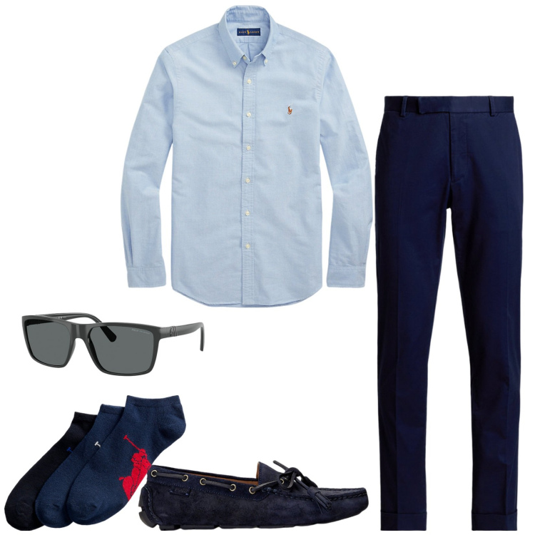 Outfit uomo - Ufficio in agosto. Stile Business/Elegante per Ufficio. Abbinamento con camicie, scarpe stringate, calzini, pantaloni chino, occhiali da sole.