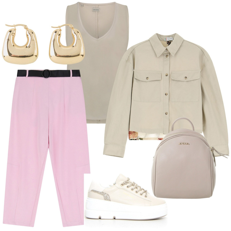 Outfit donna - Gita in montagna. per Tutti i giorni. Abbinamento con orecchini, blazer, pantaloni, zaini, top, sneakers.