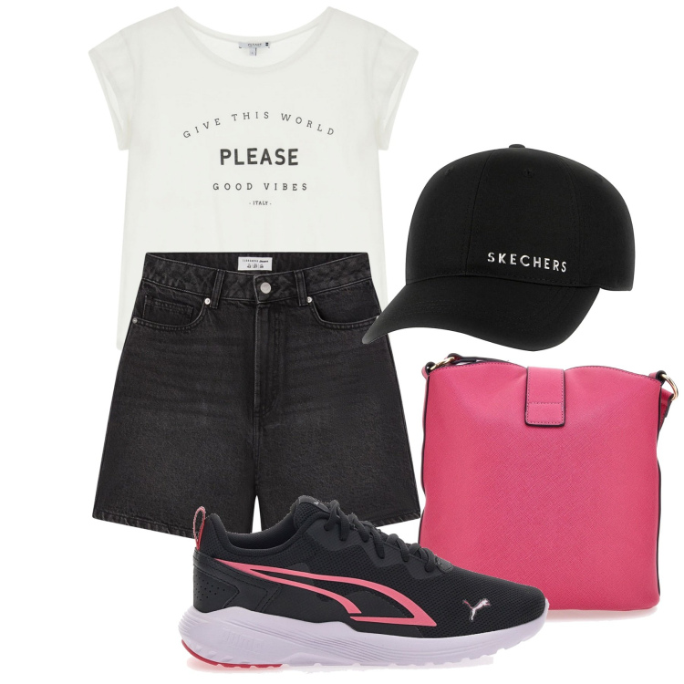 Outfit donna - Semplicità. Stile Basic per Tutti i giorni. Abbinamento con bermuda, t-shirt, sneakers, cappelli, borse a spalla.