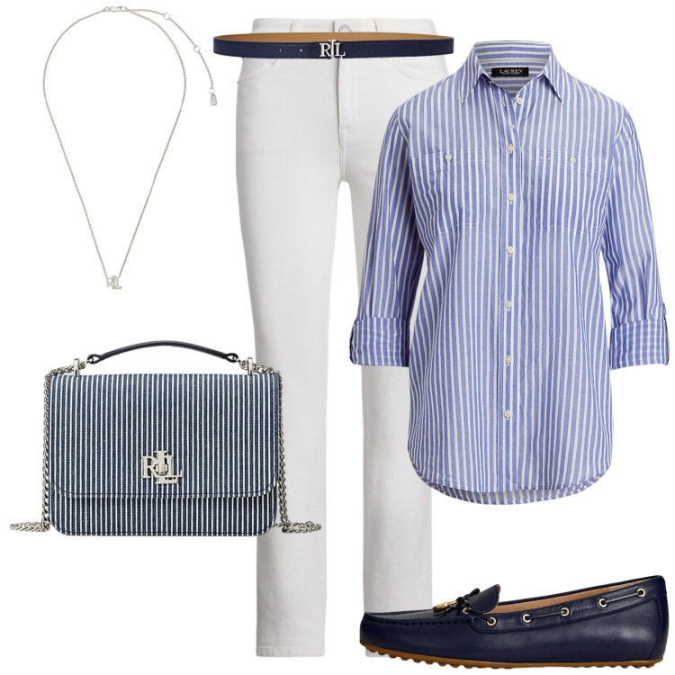 Outfit donna - Rientro in città. Stile Minimal per Ufficio. Abbinamento con camicie, cinture, jeans dritti, ciondoli, borse a spalla, mocassini.