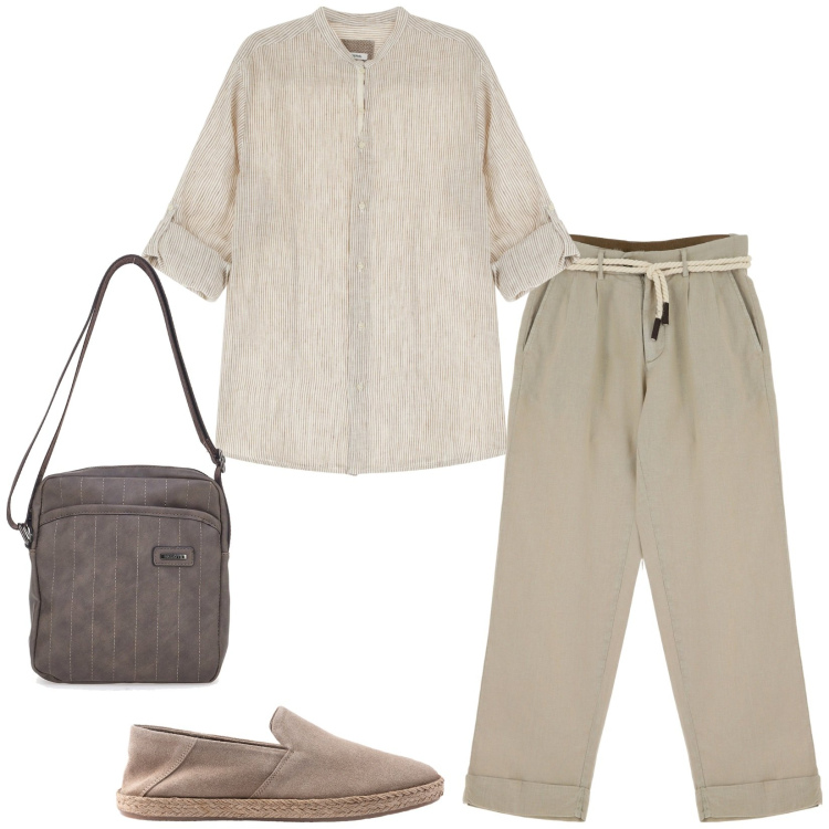 Outfit uomo - Color sabbia. Stile Trendy per Tutti i giorni. Abbinamento con camicie, pantaloni chino, portafogli, espadrillas.