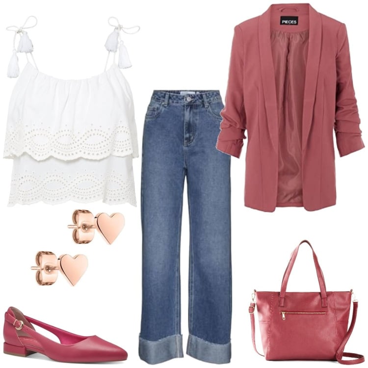Outfit femme - Romantique au bureau. Style Romantique pour Bureau. Assortir avec sac cabas, hauts, ballerines, jeans, blazers, boucles d'oreilles.