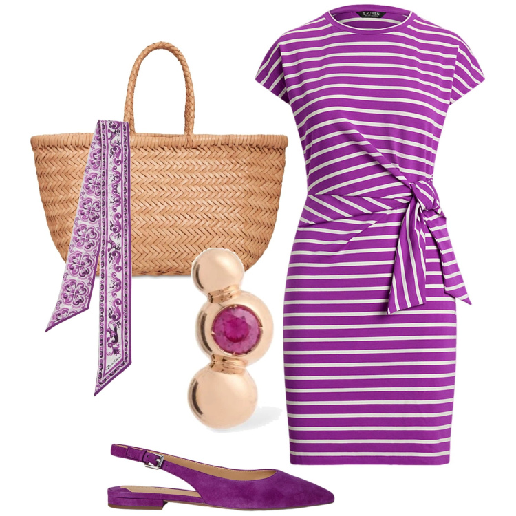 Outfit donna - Ciclamino intenso. Stile Glamour per Tutti i giorni. Abbinamento con vestiti, ballerine, orecchini, shopping bag, foulard.