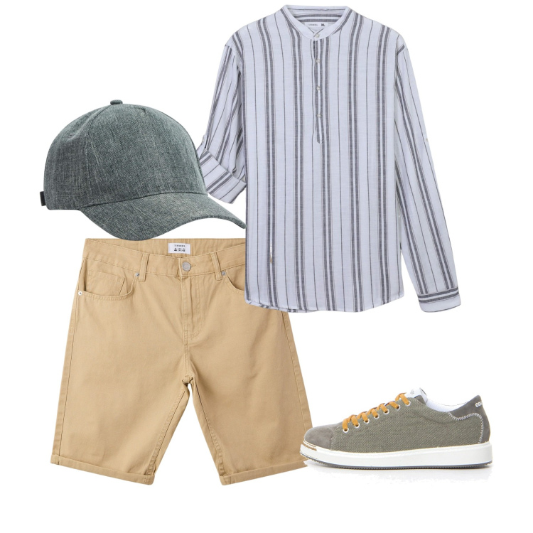 Outfit uomo - Agosto. Stile Casual per Tutti i giorni. Abbinamento con cappelli, camicie, bermuda, sneakers.