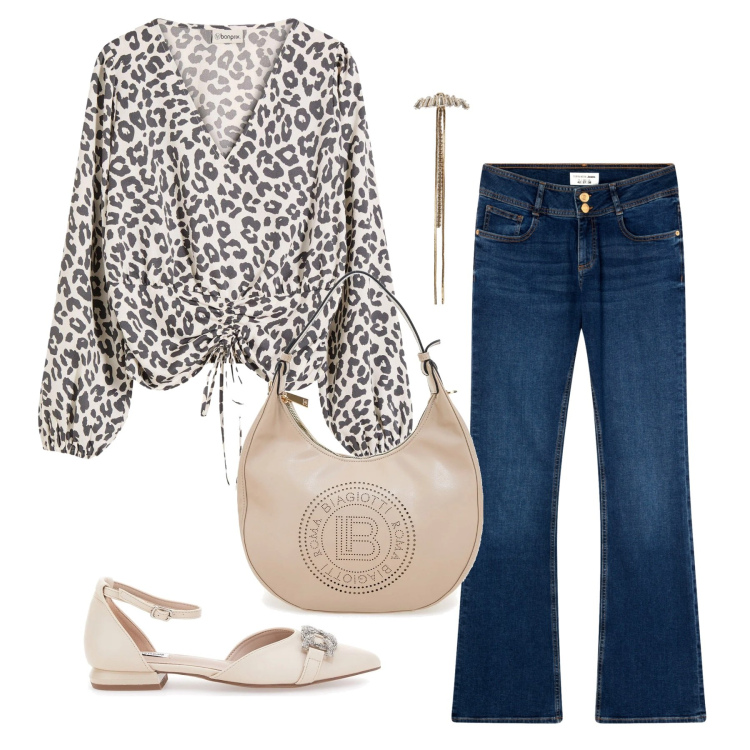 Outfit donna - Total look #2215836. Stile Etnico per Tutti i giorni. Abbinamento con bluse, jeans a zampa, orecchini, borse a spalla, ballerine.