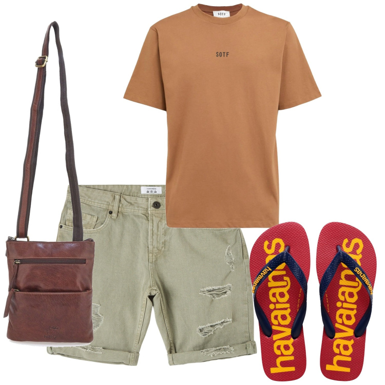 Outfit uomo - In spiaggia. Stile Casual per Mare. Abbinamento con bermuda, portafogli, sandali, t-shirt.