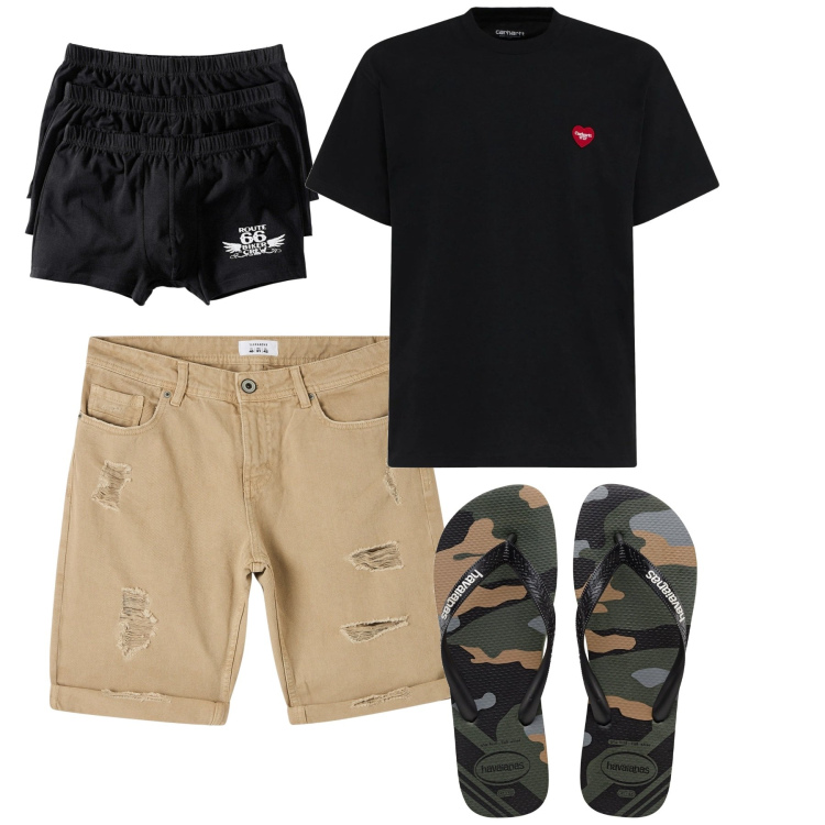 Outfit uomo - Infradito time. Stile Casual per Tutti i giorni. Abbinamento con boxer, bermuda, sandali, t-shirt.
