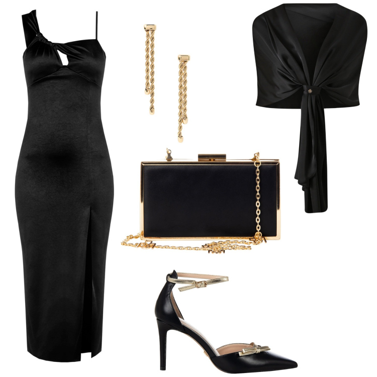 Outfit donna - Abito cut-aut elegante. Stile Chic per Serata fuori. Abbinamento con pochette, scialli, décolleté, vestiti, orecchini.