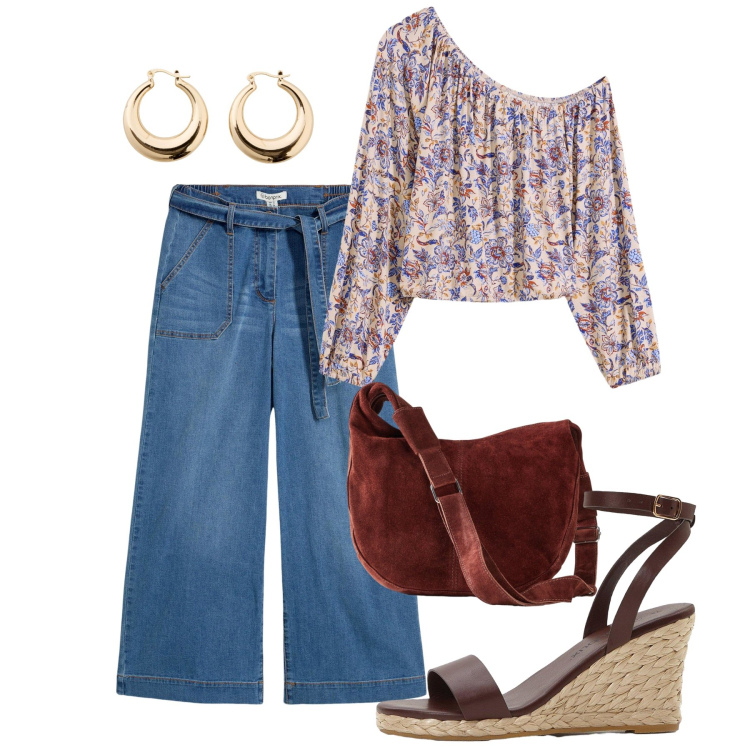 Outfit donna - Denim Vintage. Stile Boho per Tutti i giorni. Abbinamento con bluse, sandali, jeans, borse a mano, orecchini.