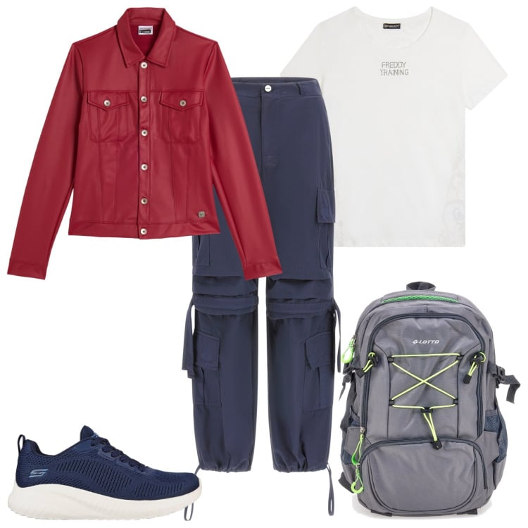 Outfit donna - Vacanza in montagna. Stile Sporty chic per Tutti i giorni. Abbinamento con giacche, pantaloni cargo, t-shirt, sneakers, zaini.