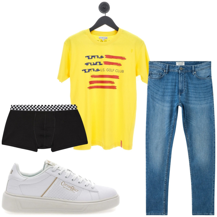 Outfit uomo - Total look #2215866. Stile Casual per Tutti i giorni. Abbinamento con jeans skinny, boxer, t-shirt, sneakers.