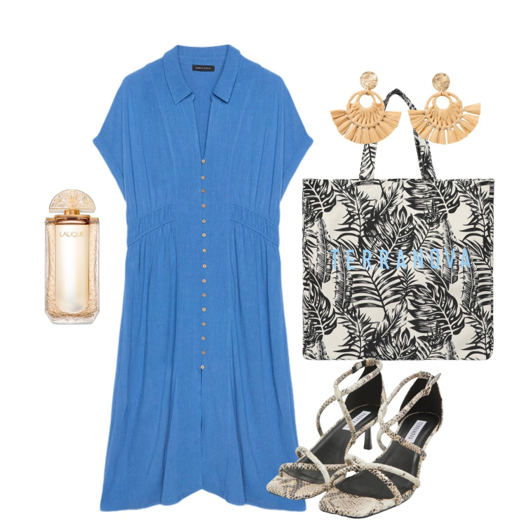 Outfit donna - Azzurro agosto. Stile Bon Ton per Tutti i giorni. Abbinamento con orecchini, profumi, borse tote, sandali col tacco, vestiti chemisier.