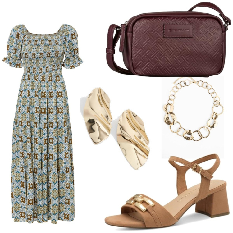 Outfit femme - Ethnique #1119. Style Ethnique pour Tous les jours. Assortir avec robes longues, colliers, sandales à talon, sacs en bandoulière, boucles d'oreilles.