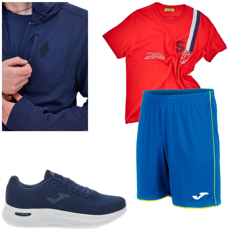 Outfit uomo - Total look #2215872. Stile Casual per Sport. Abbinamento con t-shirt, sneakers, pantaloni corti, felpe con cappuccio.