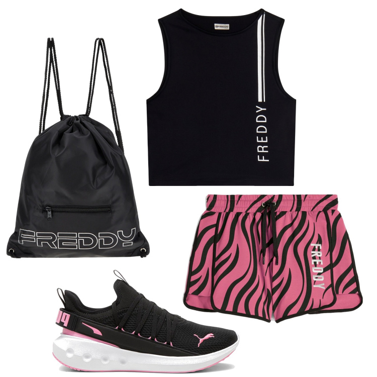 Outfit donna - Total look #2215874. Stile Sporty chic per Sport. Abbinamento con zaini, top sportivi, pantaloni corti, scarpe sportive.
