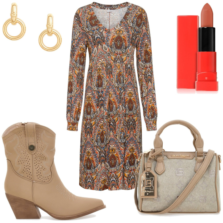 Outfit donna - Total look #2215879. Stile Boho per Tutti i giorni. Abbinamento con vestiti, rossetti, orecchini, stivaletti texani, borse a tracolla.