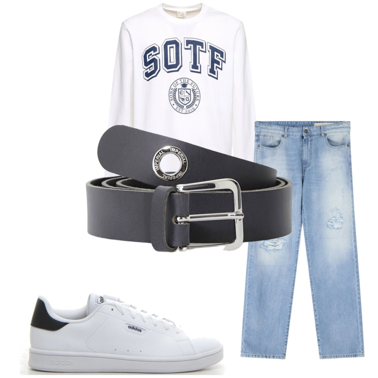 Outfit uomo - Total look #2215884. Stile Casual per Tutti i giorni. Abbinamento con cinture, jeans strappati, t-shirt, sneakers.