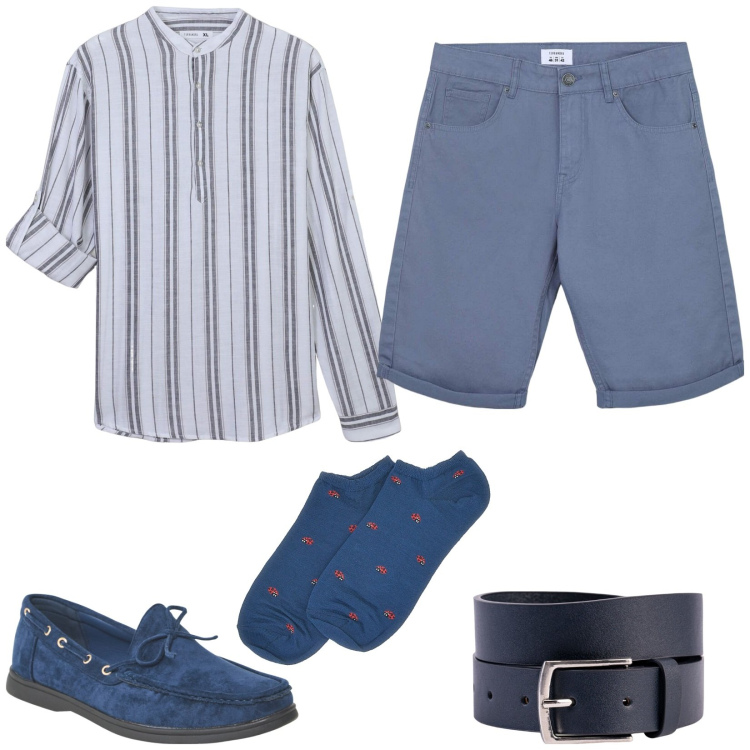 Outfit uomo - Camicia in lino. Stile Casual per Tutti i giorni. Abbinamento con camicie, scarpe stringate, bermuda, cinture, calzini.