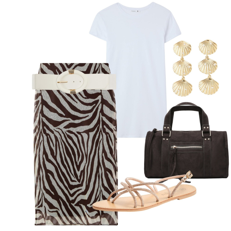 Outfit donna - Terranova - Vacanze in Riviera. Stile Chic per Serata fuori. Abbinamento con gonne lunghe, sandali, orecchini, cinture, t-shirt, borse a mano.