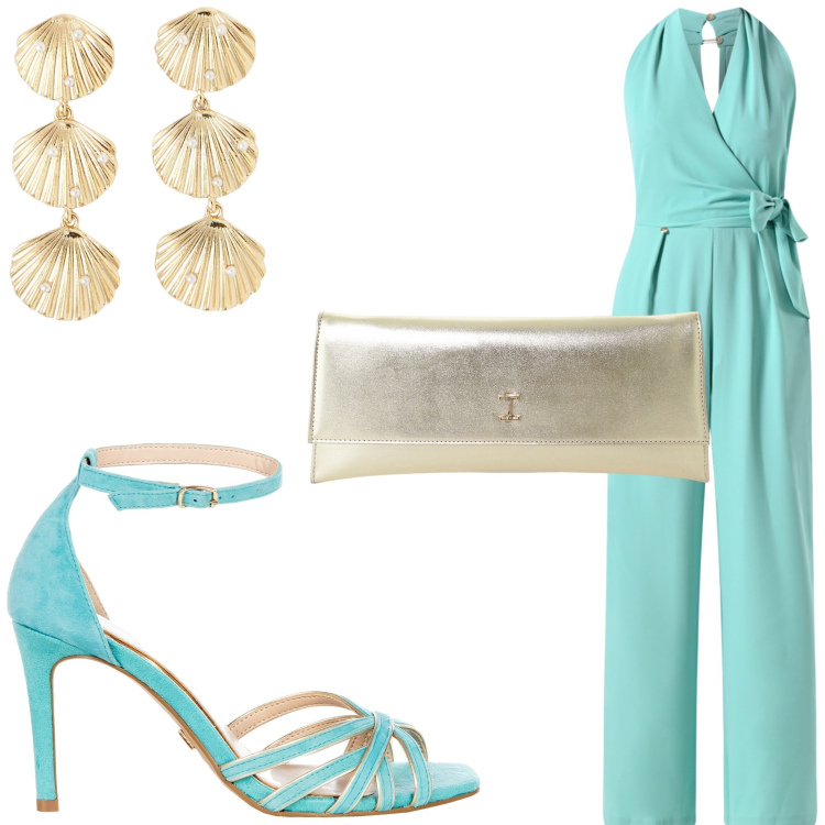 Outfit donna - Cerimonia d\' agosto. Stile Chic per Cerimonia. Abbinamento con pochette, orecchini, tute, sandali col tacco.