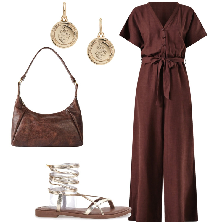 Outfit donna - In città. Stile Casual chic per Ufficio. Abbinamento con borse a mano, tute, orecchini, sandali alla schiava.