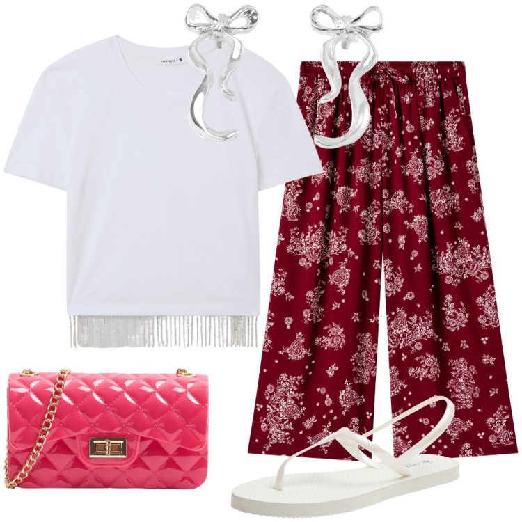Outfit donna - Must-have Terranova. Stile Casual chic per Serata fuori. Abbinamento con t-shirt, sandali, borse a tracolla, pantaloni a palazzo, orecchini.
