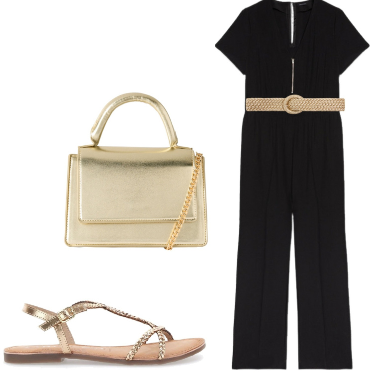 Outfit donna - Serata in spiaggia. Stile Casual chic per Serata fuori. Abbinamento con cinture, borse a tracolla, tute, sandali.