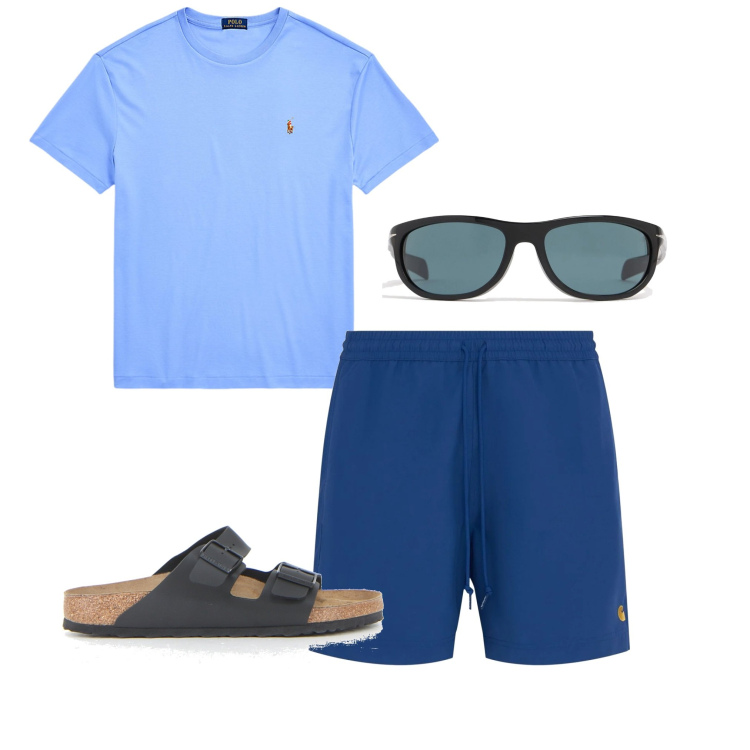 Outfit uomo - In vacanza. Stile Casual per Mare. Abbinamento con t-shirt, sandali, occhiali da sole, shorts.