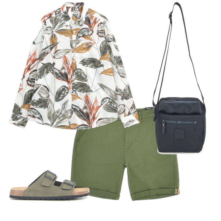Outfit uomo - Un aperitivo in estate. Stile Trendy per Tutti i giorni. Abbinamento con camicie, portafogli, pantaloni cargo, sandali.