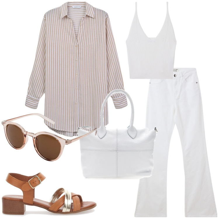 Outfit donna - Total look #2215898. Stile Casual per Tutti i giorni. Abbinamento con occhiali da sole, camicie, jeans a zampa, top, sandali col tacco, borse a mano.