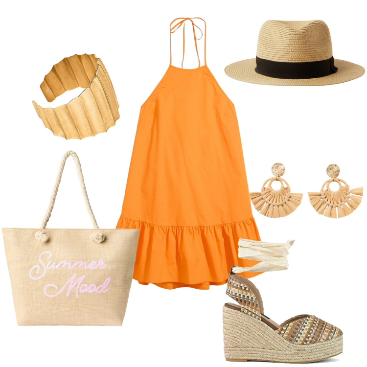Outfit donna - Vitamina C. Stile Casual chic per Mare. Abbinamento con orecchini, vestiti corti, borse tote, cappelli, zeppe, braccialetti.